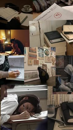 a collage of photos with books, papers and other things in them that are all over the place