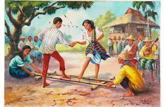 a painting of children playing on a seesaw