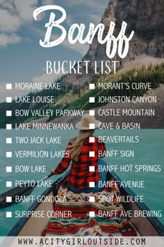 a woman sitting in a boat with the words banff bucket list on it's side