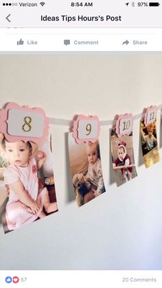 a birthday banner with photos hanging from it's side and the number nine on top