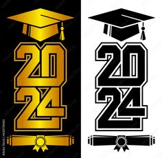 two graduation caps and one with the number twenty in gold, black and white colors