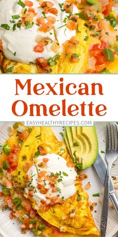 mexican omelette with avocado, tomatoes and sour cream on the side