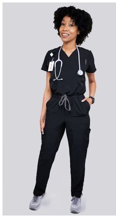 Black Jumpsuit scrub. First time ever! Only at this Joccini store.  Easy breezy all day comfort with zipper at the crotch goes all the way back for bathroom access. Comes in XS, S, M, L, Xl, 2xl 3xl sizes Scrub Jumpsuit, Gray Scrubs, Scrub Ideas, Gray Jumpsuit, Uniform Outfits, Scrub Style, Doctor Outfit, Burgundy Jumpsuit, Cute Scrubs