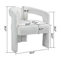 a white chair with measurements for the seat and back