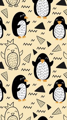 a pattern with penguins and triangles on a beige background that has black and white shapes