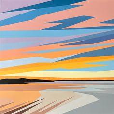 an abstract painting of the sky and water with different colored lines on it's surface