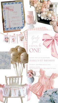 a collage of pink and white items including balloons, flowers, cards, and decorations