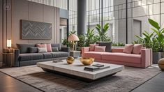 a living room filled with lots of furniture next to tall windows and potted plants