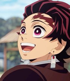 an anime character with red hair and big pink eyes looks at the camera while smiling