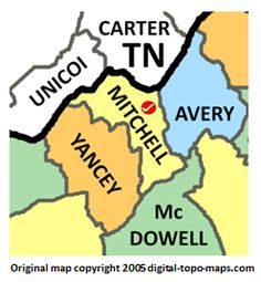 a map of the state of north carolina with cities and towns labeled in red, blue, yellow and green