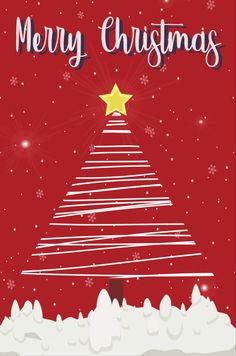 a merry christmas card with a tree in the snow and stars above it on a red background