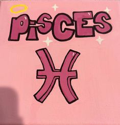 a pink piece of art with the word pisces on it and an angel above it