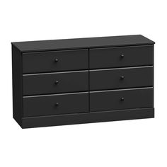 a black dresser with four drawers and two doors on the bottom drawer, in front of a white background