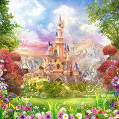 a painting of a castle in the middle of flowers and trees with mountains in the background