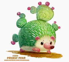 a green and white toy with pink dots on it's head