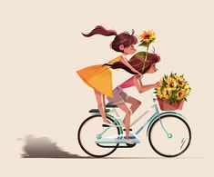 two girls are riding on a bicycle with sunflowers in the basket and one girl is holding a flower