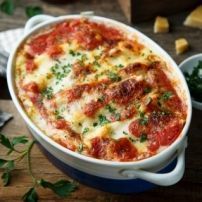 a casserole dish with cheese and tomato sauce