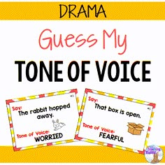 two posters with words that say,'guess my tone of voice'and an image of