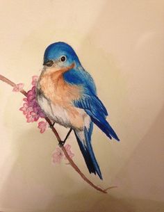 a painting of a blue bird sitting on a branch with pink flowers in its beak