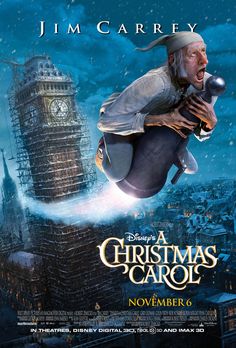 a movie poster for a christmas carol with an image of a man in the air