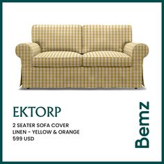 an advertisement for a two seat sofa with yellow and orange checkered fabric on it