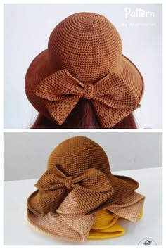 two pictures of hats with bows on them