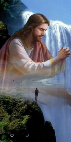 jesus is standing in front of a waterfall and holding his hands out to the water