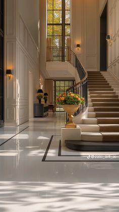 an elegant foyer with stairs and flowers in a vase on the table next to it