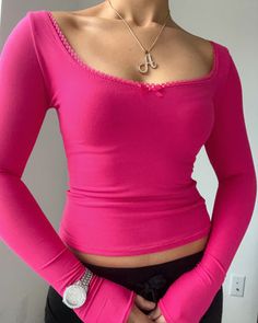 Alice long sleeve top – Bit By Angie Hot Pink Top, European Outfit, Hot Pink Tops, Mini Bows, Fashion 2024, Pink Top, Dream Clothes, Y2k 2000s, Grey Long Sleeve