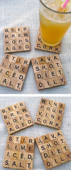 scrabbled coasters with words on them and a drink in the middle