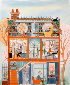 a drawing of a house with cats and people inside it, all in different rooms