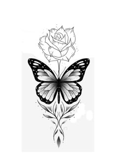 a black and white butterfly with a rose on it