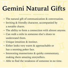 the words gemini natural gifts are written in black and white on a yellow background