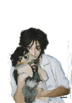 a painting of a person holding a small dog in their arms and looking at the camera