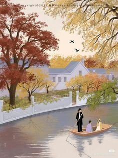 a man and woman in a small boat on a river next to a white house