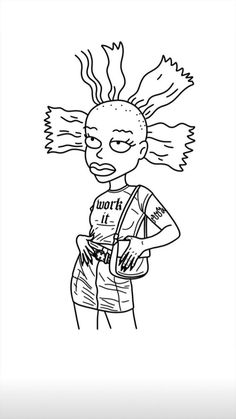 a black and white drawing of a girl with her head in the shape of a zombie