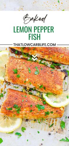 grilled lemon pepper fish on a baking sheet with herbs and lemons in the background