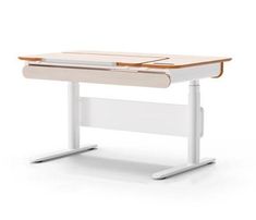 a white desk with a wooden top and two legs on each side, in front of a