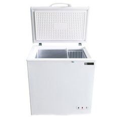 a white chest freezer sitting on top of a table