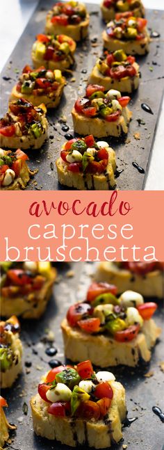 several pieces of bread with different toppings on them and the words avocado caprese bruschetta