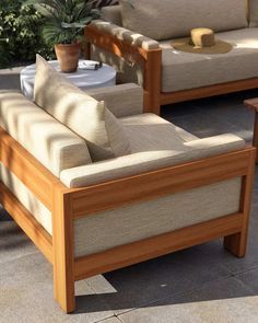 two couches sitting next to each other on top of a cement floor near a potted plant