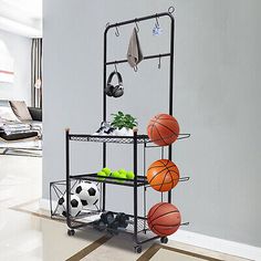 a rack with basketballs and balls on it in the middle of a living room