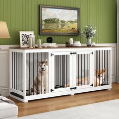 white farmhouse-style double dog crate furniture for 2 dogs