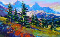 an oil painting of mountains and trees