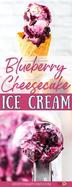 blueberry cheesecake ice cream in a glass bowl