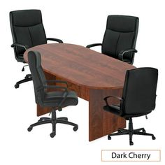 an office table with four chairs and a dark cherry finish on the top, in front of a white background