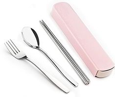 a set of utensils and spoons with pink plastic case on white background