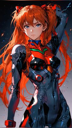 an anime character with long red hair and blue eyes, wearing black catsuits