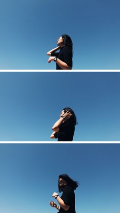 four different shots of a woman in black shirt and jeans with her hair blowing in the wind