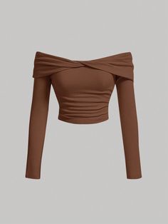 Castanho Casual Collar Manga Comprida Tecido de malha Simples  Embellished Elasticidade Média Mod Off, Off Shoulder Knit Top, Brown Shirts, Black Dresses Classy, Crop Top Designs, Modest Dresses Casual, Brown Shirt, Crop Top Outfits, Brown Top